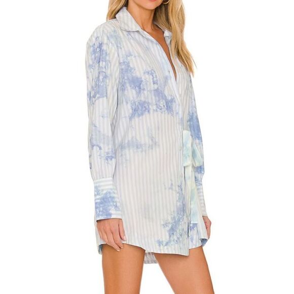 Free People x REVOLVE Women Sz XS Blue Nola Striped-Tie Dye L/S Shirt Dress - Picture 8 of 9